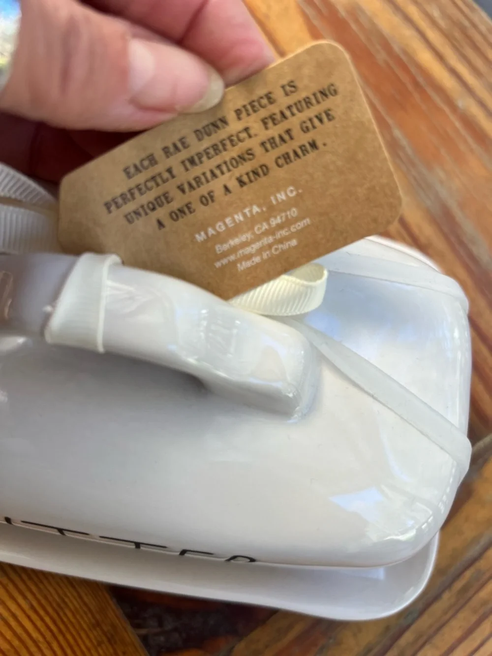 RAE DUNN White and Tan Stripe Black Letters Covered Ceramic Butter Dish NWT NEW